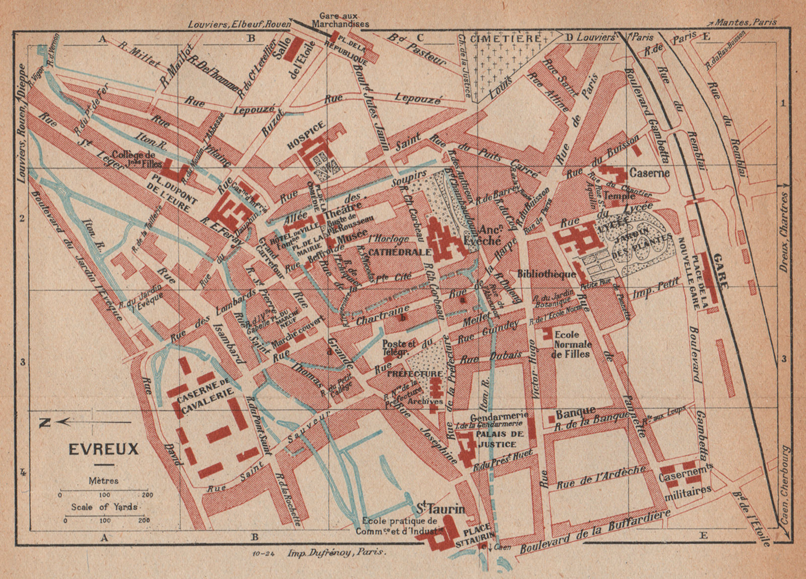 EVREUX. Vintage town city map plan. Eure 1925 old vintage chart